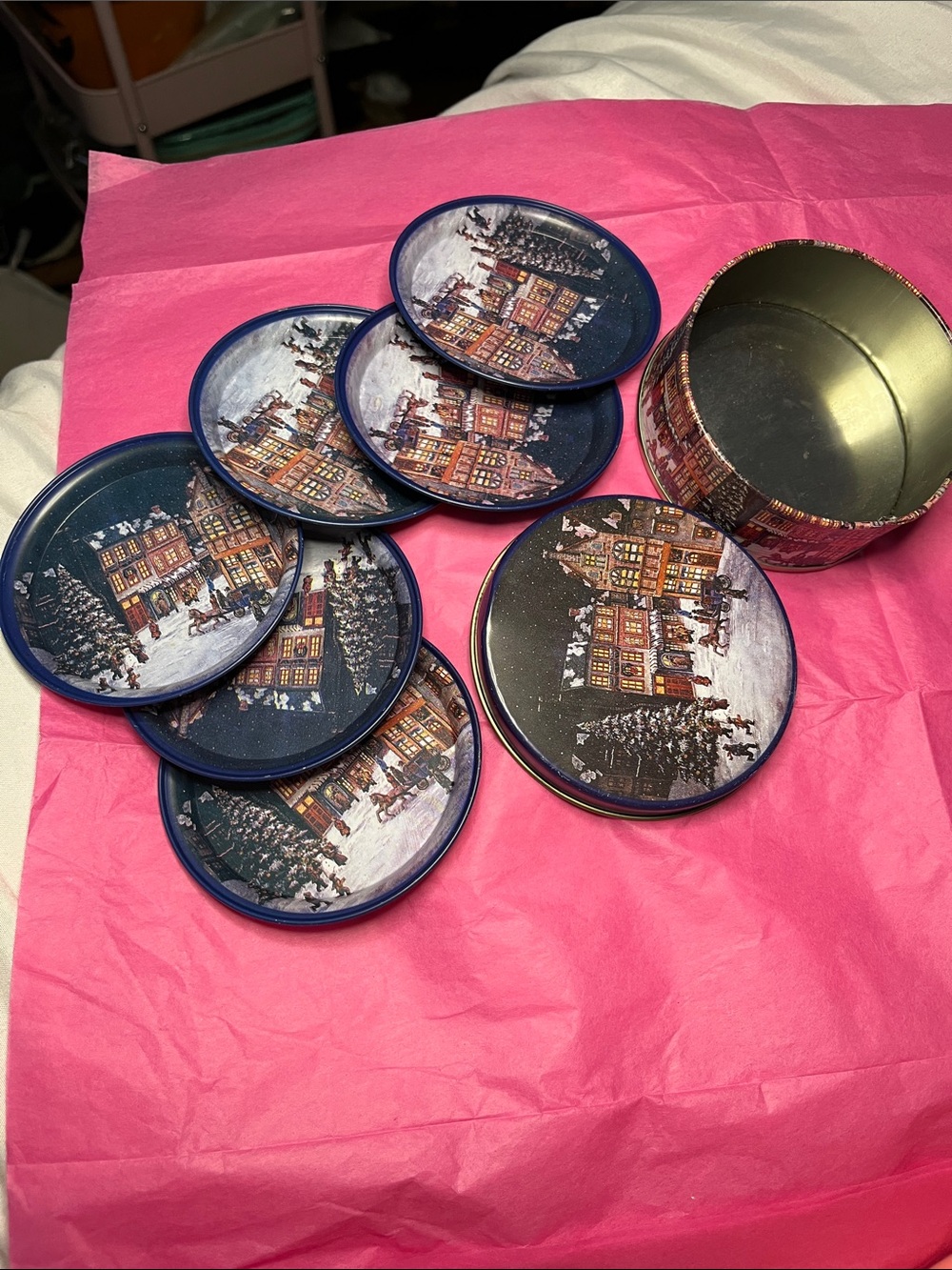 Vintage Navy Blue and White Holiday Village Mug Coasters - Set with Tin